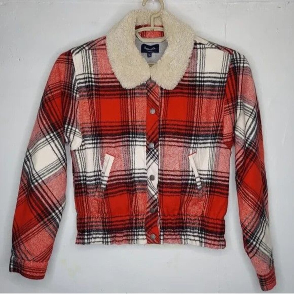 Splendid Bomber Jacket Red Plaid Flannel Fleece-Lined Collar Snap Button Elastic